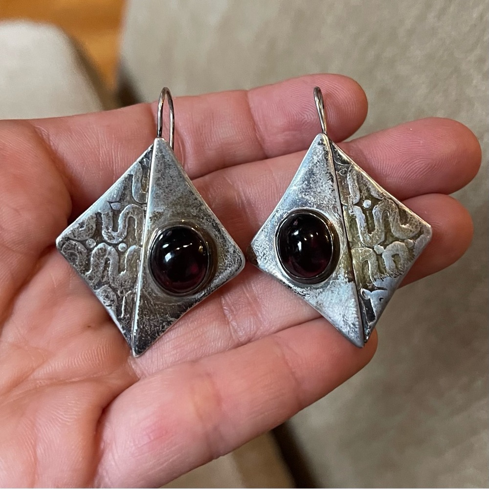 Vintage Red Stone 925 Sterling Silver Dangle Drop Abstract Geometric Earrings